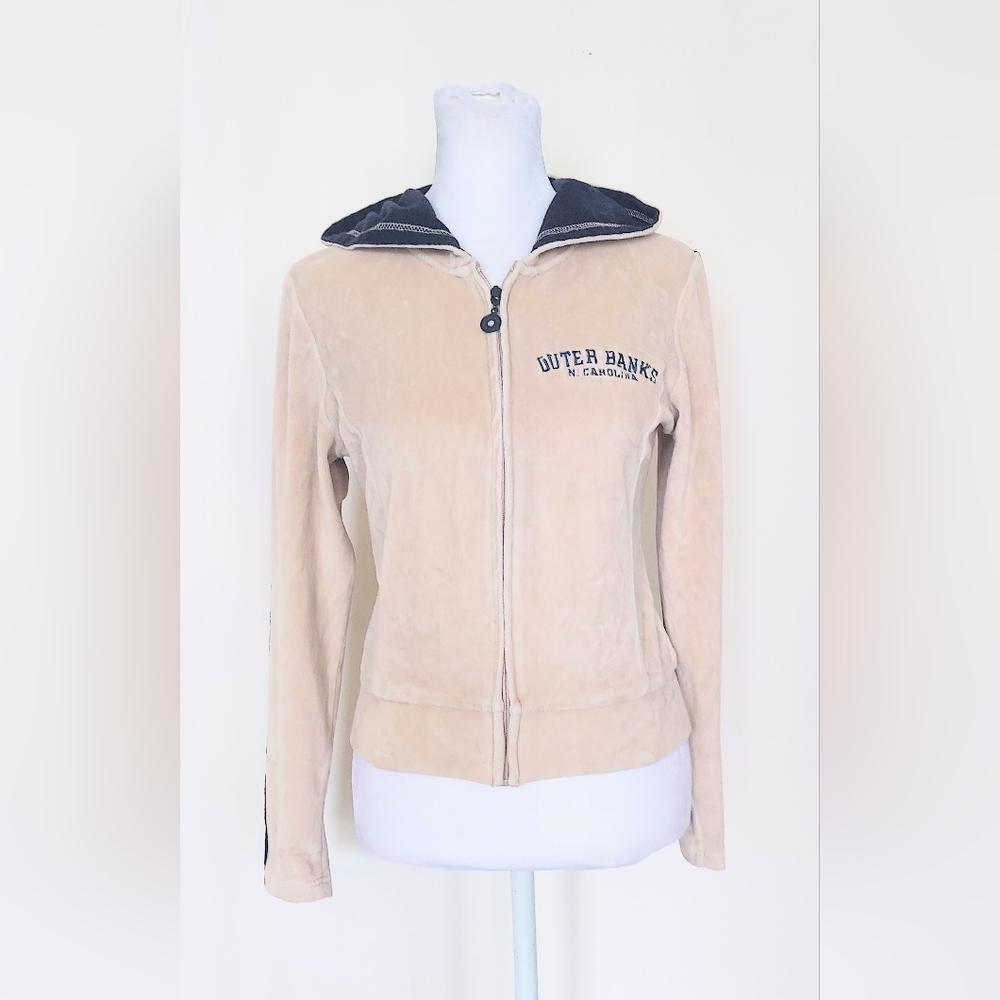 Outer Banks NC Exist Womens Small Full Zip Varsity Stripe Velour Hoodie Vintage